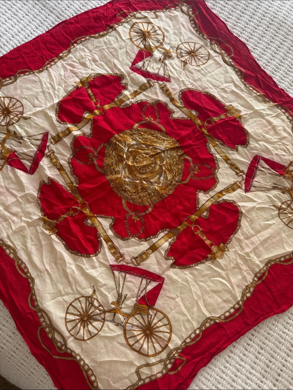 Red & Cream Vintage-Inspired Scarf with Gold Equestrian Motifs and scrolls